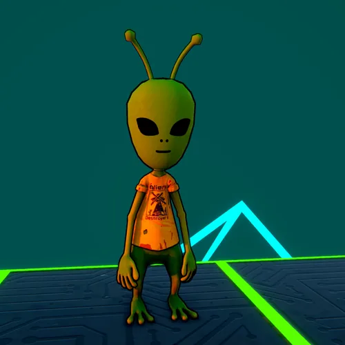 Carl the Alien, a green alien standing on a neon grid