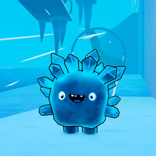 Cube, a blue ice creature covered in crystal spikes, outside The Fridge