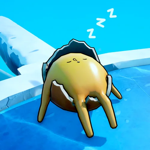 Eggo, a sleepy egg dozing in a cracked shell on the ice
