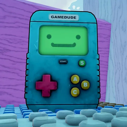 Game Dude, a teal handheld console propped up in the Toy Chest