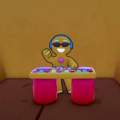 Gingerbread Fred, a gingerbread man in sunglasses behind a candy DJ desk