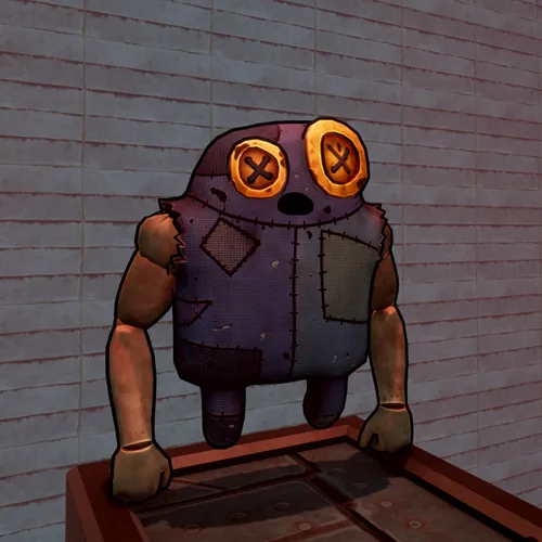 Greg, a patchwork figure with button eyes standing on action-figure legs