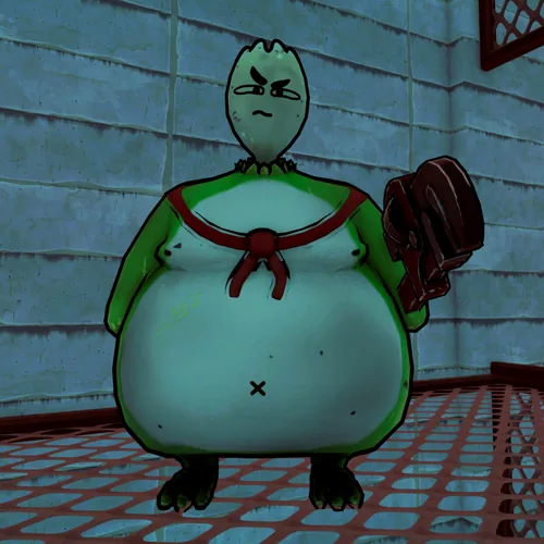 Groggy, a worn figure with a red neckerchief holding a wrench