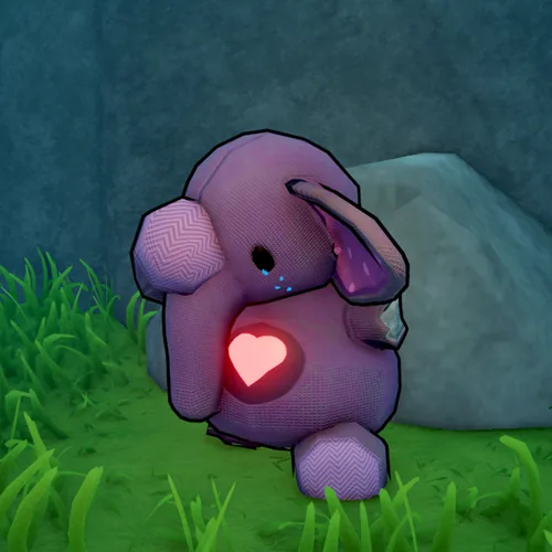 Miss Elephant, a torn purple plush elephant with a heart on her chest