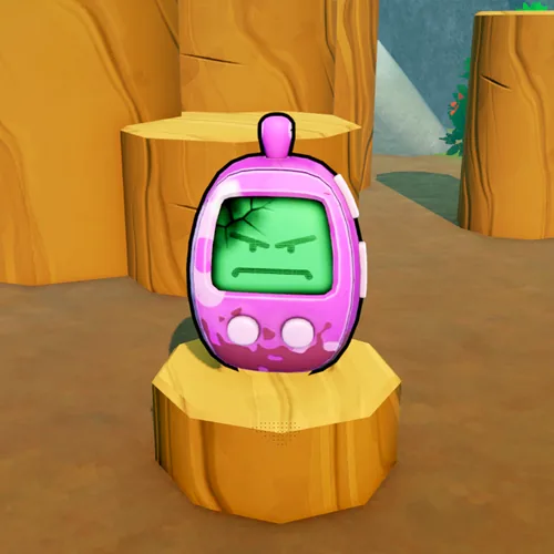 Muddy, a pink virtual-pet toy with an angry face, sitting on a stump