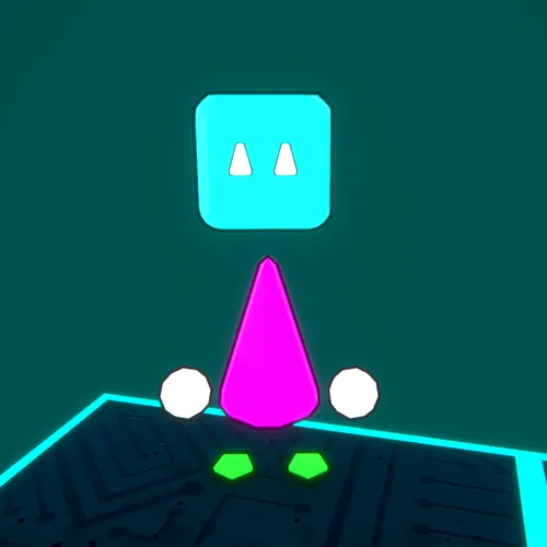 Plix, a glowing cyan cube head on a pink cone body in The Grid