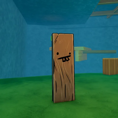 Plonk, a wooden plank with a face, alone in a cave