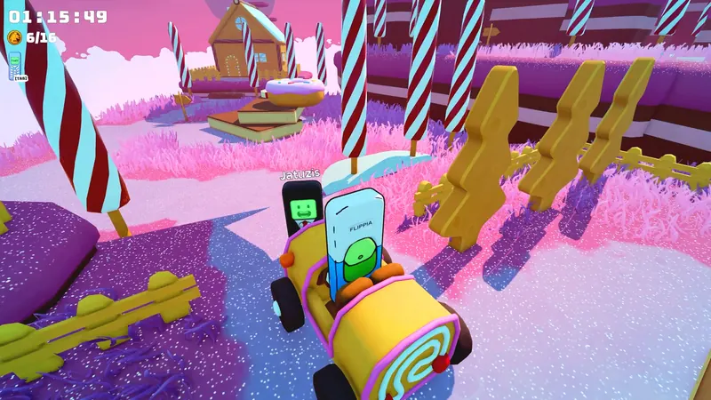 Flippy riding a candy kart through pink Candyland