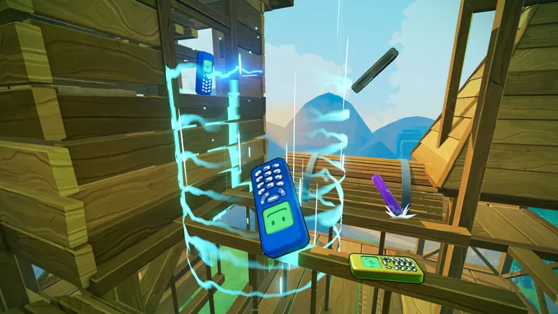 Flippy launched upward by a glowing beam between wooden platforms