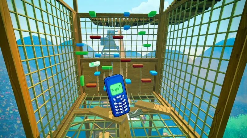 Flippy inside a tall wooden climbing cage
