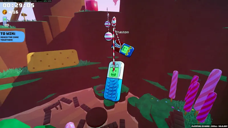 Several players swinging from candy ropes in co-op
